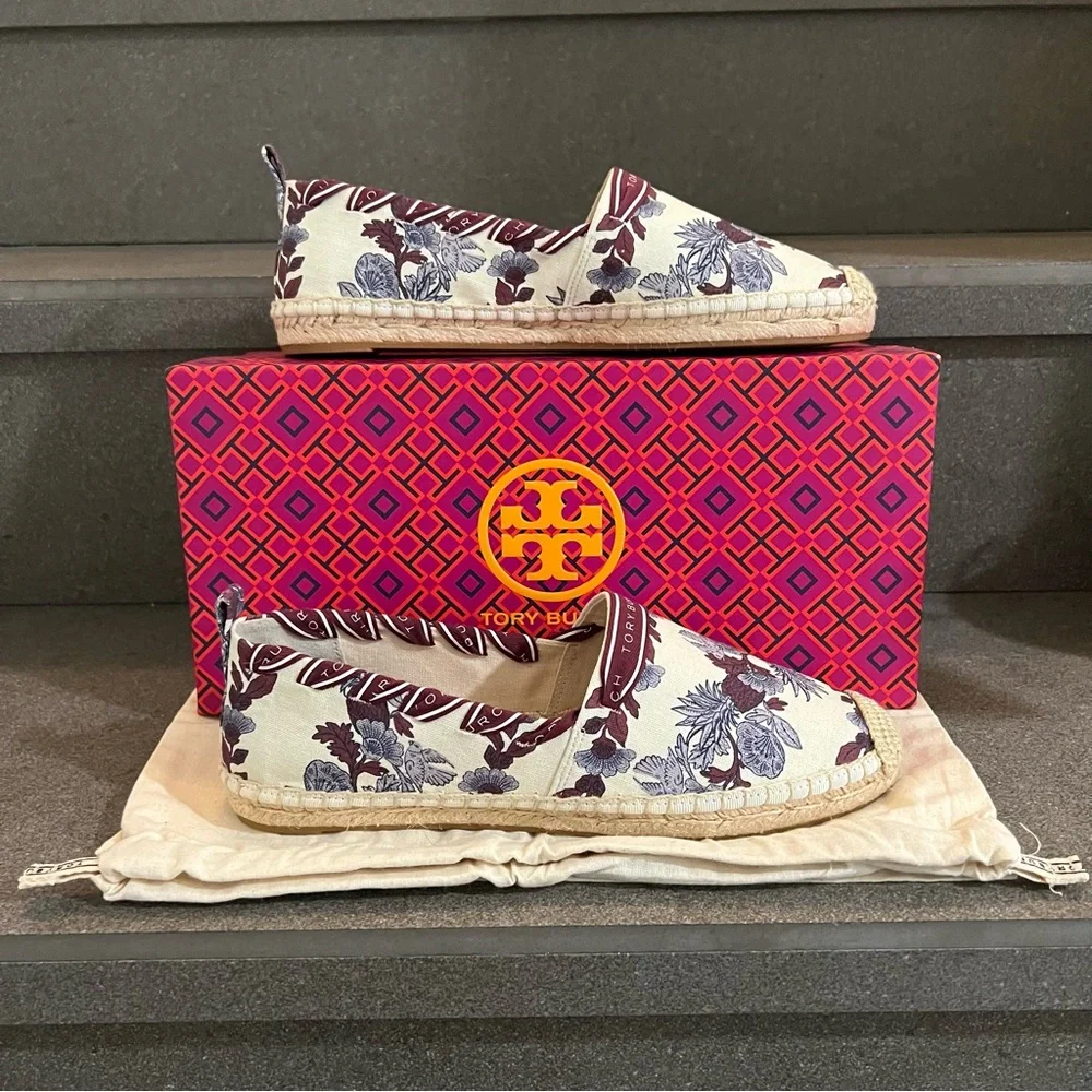 TORY BURCH Grosgrain Whipstitch Floral Imperial Garnet Espadrilles Flat,Sz 7,NIB